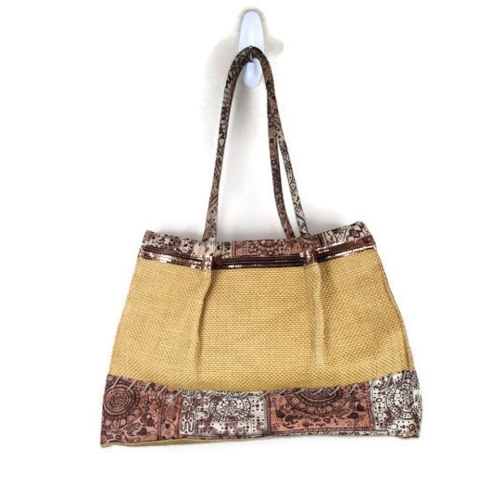 Woven Straw Tote with Paisley Trim - Yellow & Brown